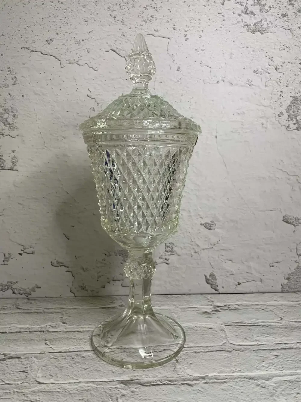 Vintage Indiana Glass Tiara Diamond Point Footed Pedestal Lidded Apothecary Jar